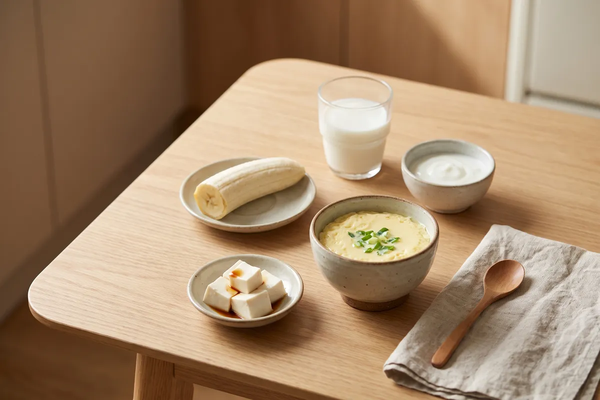 항암 식단 — 달걀찜·두부·요거트·우유를 조금씩 담아 둔 작은 끼니 상차림